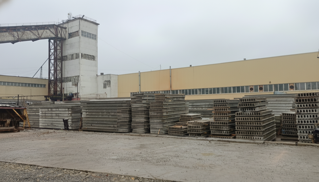 Склад готовой продукции на Производстве пустотных плит перекрытия ПБ. Очаковский комбинат ЖБИ Склад готовой продукции на Производстве пустотных плит перекрытия ПБ. Очаковский комбинат ЖБИ